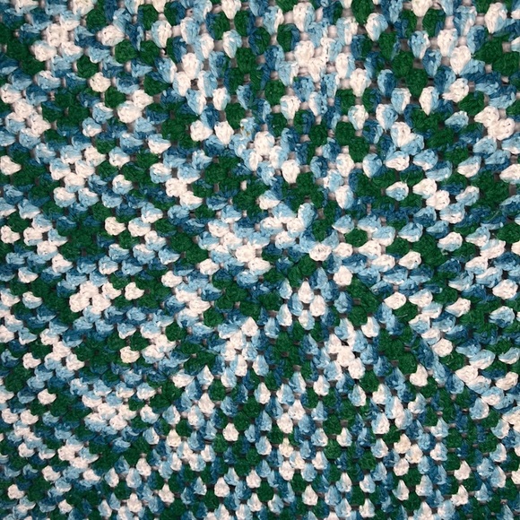 Vintage Handmade Afghan Blanket Throw Crocheted Granny 72 X 70 cream green blue - Picture 2 of 9